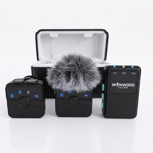 A Wynwood wireless audio recording kit with three black microphones (one with a gray furry windscreen) and their carrying cases, displayed on a clean white background.