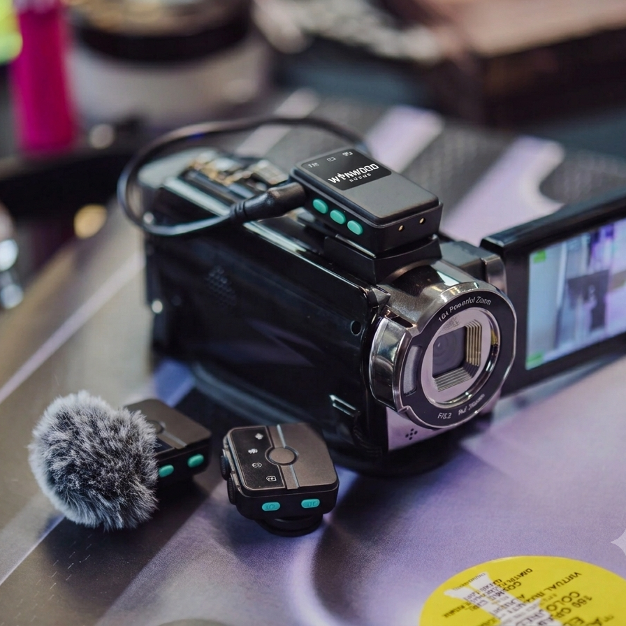 A black video camera with an attached flip-out screen, a small mounted microphone, and two wireless microphones with fuzzy windshields, photographed on a glossy surface with a blurred background.